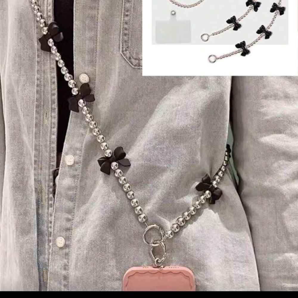New Silver Black Chain Lanyard Cell Phone Crossbody Holder with Bows